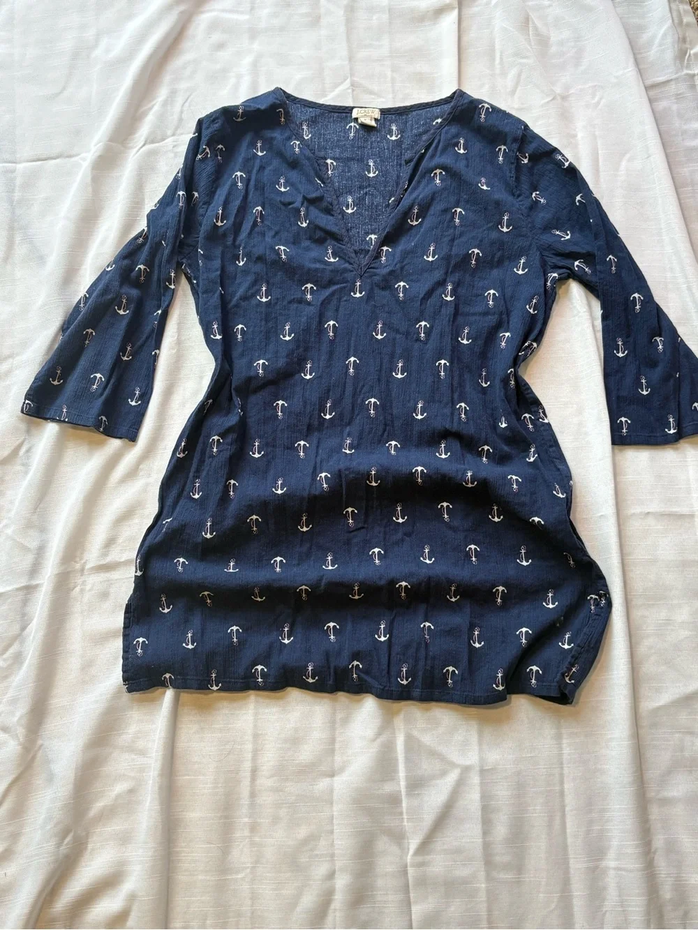 J. Crew Navy Blue Anchor Gauze Tunic Blouse Size Medium 100% Cotton